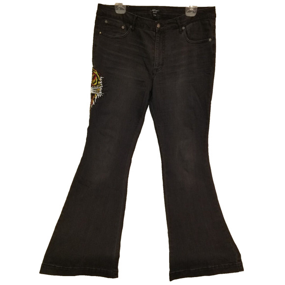 Ed Hardy Jeans Womens 32 Black Tiger Head‎ Embroidered Mid Slim Flare Y2K - Picture 2 of 16